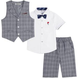 imageLOLANTA Boys Vest Tuxedo Suit Wedding Ring Bearer Outfits 4PCs Dress Clothes Vest Shirt Shorts Bow TieGray Plaid