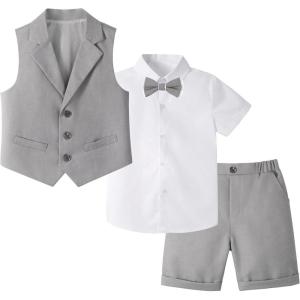 imageLOLANTA Boys Vest Tuxedo Suit Wedding Ring Bearer Outfits 4PCs Dress Clothes Vest Shirt Shorts Bow TieLight Grey