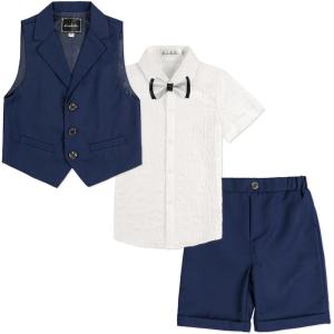 imageLOLANTA Boys Vest Tuxedo Suit Wedding Ring Bearer Outfits 4PCs Dress Clothes Vest Shirt Shorts Bow TieNavy