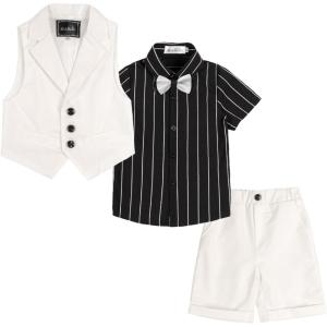 imageLOLANTA Boys Vest Tuxedo Suit Wedding Ring Bearer Outfits 4PCs Dress Clothes Vest Shirt Shorts Bow TieWhite