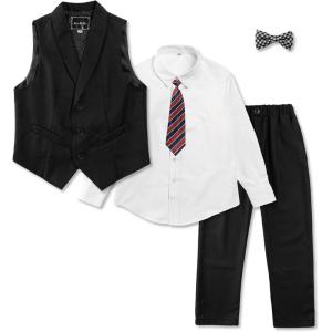 imageLOLANTA Boys Vest and Pants Set Slim Fit Dress Clothes Kids 5 Piece Ring Bearer Outfit Adjustable WaistBlack