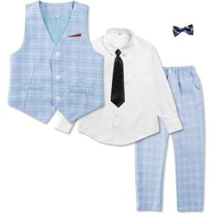 imageLOLANTA Boys Vest and Pants Set Slim Fit Dress Clothes Kids 5 Piece Ring Bearer Outfit Adjustable WaistBlue Plaid