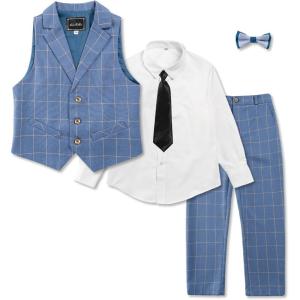 imageLOLANTA Boys Vest and Pants Set Slim Fit Dress Clothes Kids 5 Piece Ring Bearer Outfit Adjustable WaistDark Blue