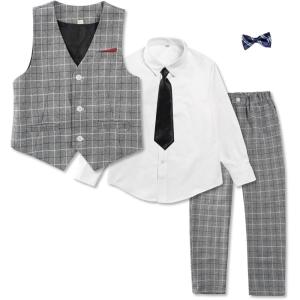 imageLOLANTA Boys Vest and Pants Set Slim Fit Dress Clothes Kids 5 Piece Ring Bearer Outfit Adjustable WaistGray Plaid