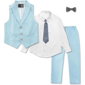 imageLOLANTA Boys Vest and Pants Set Slim Fit Dress Clothes Kids 5 Piece Ring Bearer Outfit Adjustable WaistIce Blue