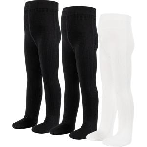 imageLOLANTA Cable Knit Tights for Girls Nonslip Uniform Socks Footed Leggings Soft Combed Cotton Pantyhose 3 PACKBlackBlackWhite