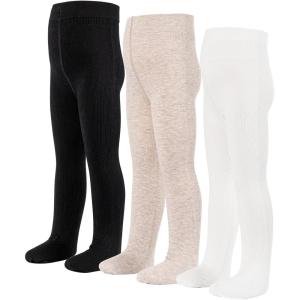 imageLOLANTA Cable Knit Tights for Girls Nonslip Uniform Socks Footed Leggings Soft Combed Cotton Pantyhose 3 PACKBlackWhiteOatmeal