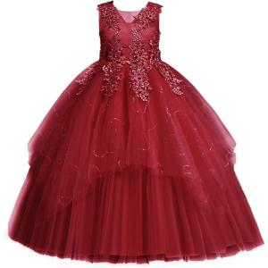 imageLOLANTA Flower Girl Dress for Wedding Kids Tulle Princess Long Dresses Father Daughter Dance Girls Vestidos Lace EmbroideryWine Red