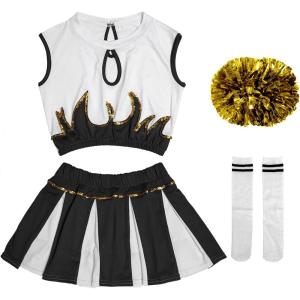 imageLOLANTA Girls Cheerleader Costume Pleated Skirt Set Cheerleader Outfit with Pom PomBlack