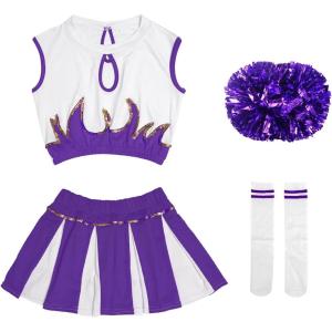 imageLOLANTA Girls Cheerleader Costume Pleated Skirt Set Cheerleader Outfit with Pom PomPurple