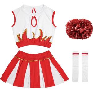imageLOLANTA Girls Cheerleader Costume Pleated Skirt Set Cheerleader Outfit with Pom PomRed