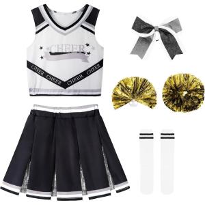 imageLOLANTA Girls Cheerleader Costumes Kids Halloween Costume Glitter Cheerleading Uniform Dress Up Outfit Christmas Gifts 513YBlack