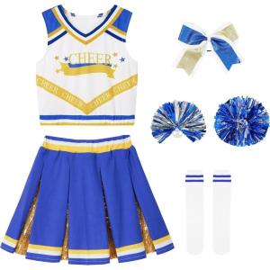 imageLOLANTA Girls Cheerleader Costumes Kids Halloween Costume Glitter Cheerleading Uniform Dress Up Outfit Christmas Gifts 513YBlue