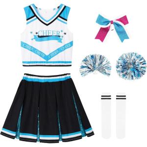 imageLOLANTA Girls Cheerleader Costumes Kids Halloween Costume Glitter Cheerleading Uniform Dress Up Outfit Christmas Gifts 513YLake Blue