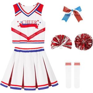 imageLOLANTA Girls Cheerleader Costumes Kids Halloween Costume Glitter Cheerleading Uniform Dress Up Outfit Christmas Gifts 513YRed