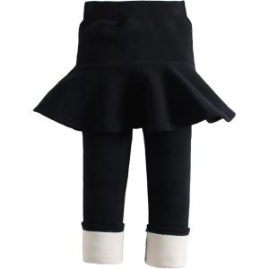 imageLOLANTA Girls Fleece Lined Leggings with Skirt Warm Winter Pants Kids Footless Ruffle PantskirtBlack