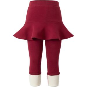 imageLOLANTA Girls Fleece Lined Leggings with Skirt Warm Winter Pants Kids Footless Ruffle PantskirtWine