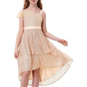 imageLOLANTA Girls Sequin Party Dress One Shoulder Layered Sparkle High Low Dresses for Birthday Graduation PromChampagne