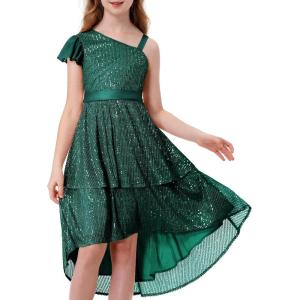imageLOLANTA Girls Sequin Party Dress One Shoulder Layered Sparkle High Low Dresses for Birthday Graduation PromGreen