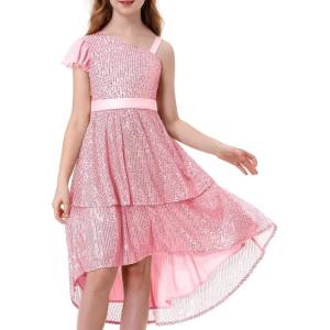 imageLOLANTA Girls Sequin Party Dress One Shoulder Layered Sparkle High Low Dresses for Birthday Graduation PromPink