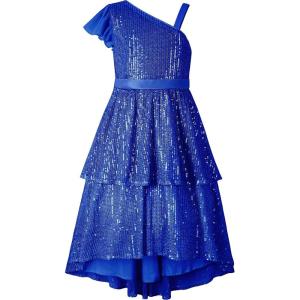 imageLOLANTA Girls Sequin Party Dress One Shoulder Layered Sparkle High Low Dresses for Birthday Graduation PromRoyal Blue