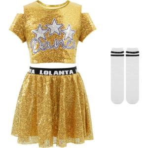 imageLOLANTA Girls Sequins Dance Costumes Sparkly Jazz Latin Hip Hop Clothing Set Shiny Crop Top with Sequin Skirt 512 YearsGold