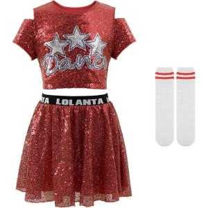 imageLOLANTA Girls Sequins Dance Costumes Sparkly Jazz Latin Hip Hop Clothing Set Shiny Crop Top with Sequin Skirt 512 YearsRed