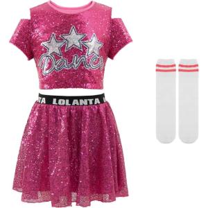 imageLOLANTA Girls Sequins Dance Costumes Sparkly Jazz Latin Hip Hop Clothing Set Shiny Crop Top with Sequin Skirt 512 YearsRosepink