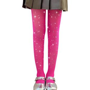 imageLOLANTA Girls Sparkle Tights 2 Pack Fishnet Rhinestone Stockings for Kids Glitter Shimmer Mesh PantyhoseHot Pinkrhinestone