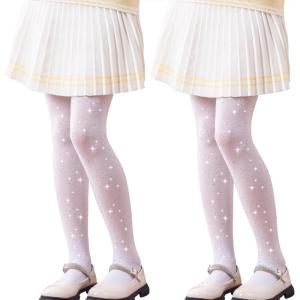 imageLOLANTA Girls Stockings 2 Pack Sparkle Tights Kids Stretchy Rhinestone Glitter Seethrough Pantyhose for 612YWhite