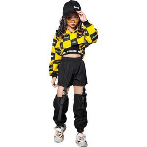 imageLOLANTA Girls Street Dance Costume Hip Hop Checkered Hoodie Sweatshirt Joggers Pants OutfitsYellow1