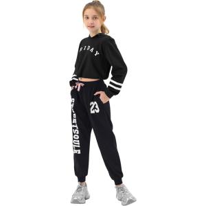 imageLOLANTA Kids 2 Piece Outfits Long Sleeve Cropped Sweatshirt Letter Print Hoodie And Sweatpants Set for GirlsAll Black