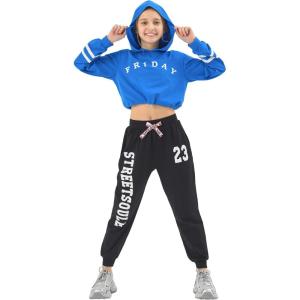 imageLOLANTA Kids 2 Piece Outfits Long Sleeve Cropped Sweatshirt Letter Print Hoodie And Sweatpants Set for GirlsBlue