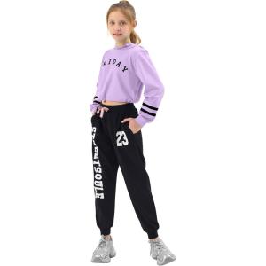 imageLOLANTA Kids 2 Piece Outfits Long Sleeve Cropped Sweatshirt Letter Print Hoodie And Sweatpants Set for GirlsPurple