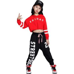 imageLOLANTA Kids 2 Piece Outfits Long Sleeve Cropped Sweatshirt Letter Print Hoodie And Sweatpants Set for GirlsRedblack