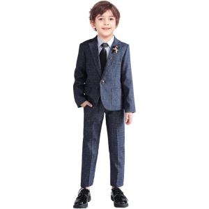 imageLOLANTA Kids Boys Plaid Suit Fashion Blazer Pants Set 2 Piece Formal Wear Outfit for WeddingDark Blue