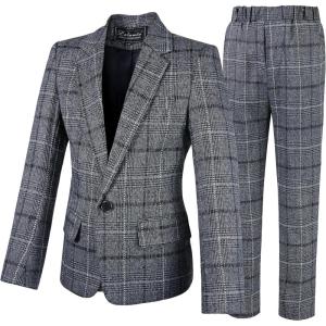 imageLOLANTA Kids Boys Plaid Suit Fashion Blazer Pants Set 2 Piece Formal Wear Outfit for WeddingGrey