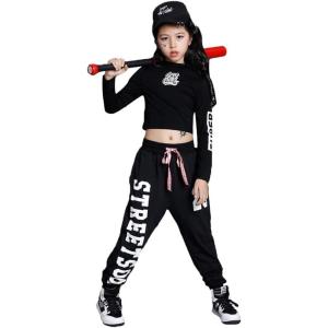 imageLOLANTA Kids Girls Dance Outfit Hip Hop Clothes Long Sleeve Pullover Tops Sweatpants Clothing SetBlack