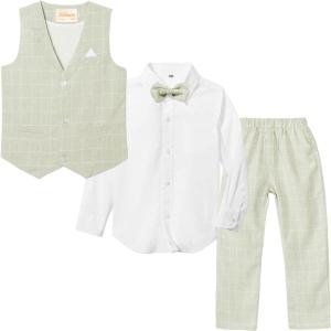 imageLOLANTA Little Kids Formal Suits 4PCS Tuxedos Outfits Long Sleeve Shirts Waistcoat Pants Bow Tie Green 67 Years