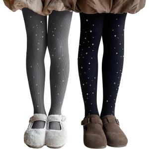 imageLOLANTA Girls Cable Knit Sparkle Tights Kids Seamless Footed Ribbed Cotton Stockings Warm School Uniform Leggings PantyhoseBlack Grey