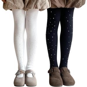 imageLOLANTA Girls Cable Knit Sparkle Tights Kids Seamless Footed Ribbed Cotton Stockings Warm School Uniform Leggings PantyhoseBlack White