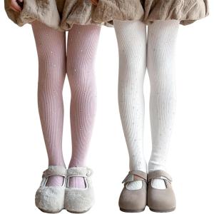imageLOLANTA Girls Cable Knit Sparkle Tights Kids Seamless Footed Ribbed Cotton Stockings Warm School Uniform Leggings PantyhosePink White