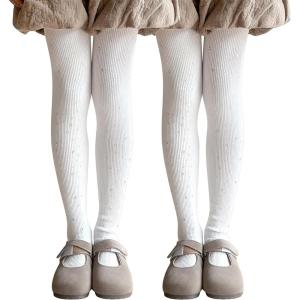 imageLOLANTA Girls Cable Knit Sparkle Tights Kids Seamless Footed Ribbed Cotton Stockings Warm School Uniform Leggings PantyhoseWhite White
