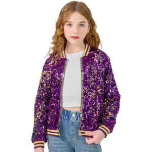 imageLOLANTA Girls Sequin Jacket Long Sleeve Kids Bomber Coats with Pockets Spring Fall Outfits for 415 YearsFlippurple to Gold