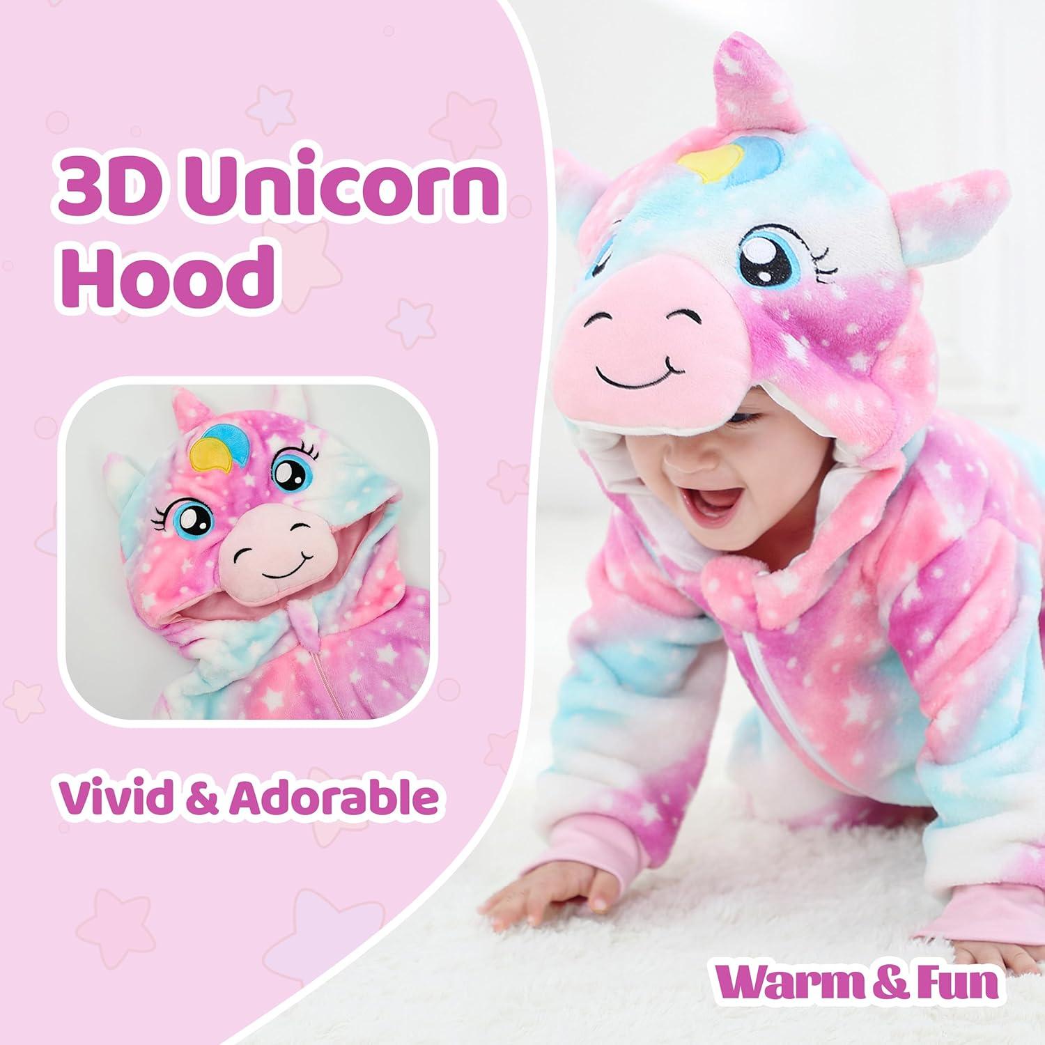 imageLOLANTA Toddler Girls Onepiece Jumpsuit Infant Fleece Hooded Rompers Unicorn Costume Halloween Christmas Birthday GiftsColorful Unicorn