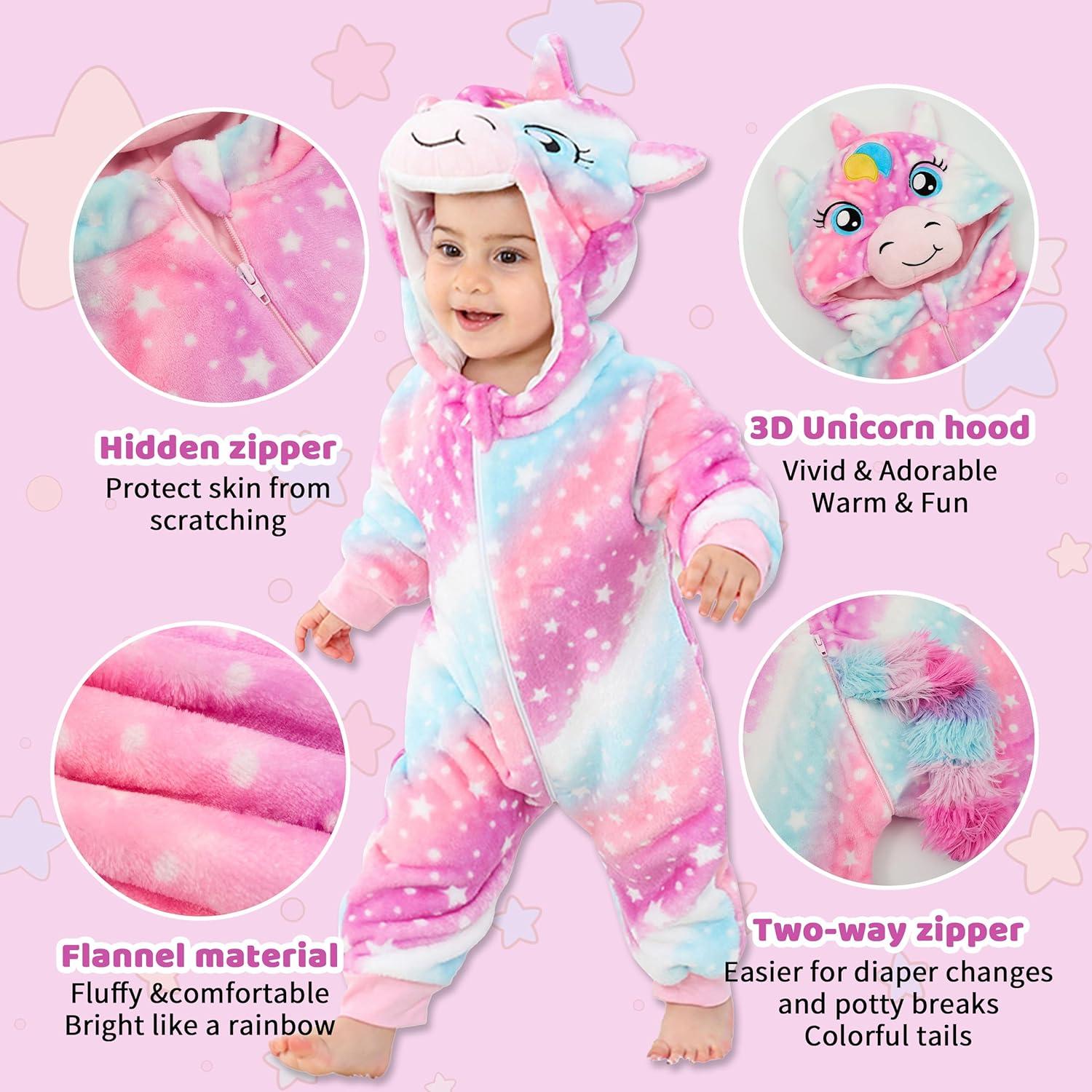 imageLOLANTA Toddler Girls Onepiece Jumpsuit Infant Fleece Hooded Rompers Unicorn Costume Halloween Christmas Birthday GiftsColorful Unicorn