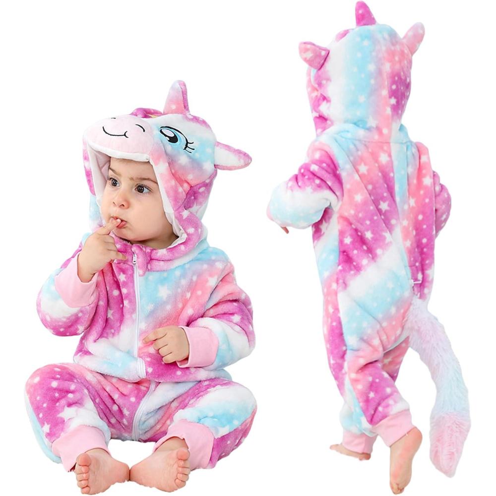 imageLOLANTA Toddler Girls Onepiece Jumpsuit Infant Fleece Hooded Rompers Unicorn Costume Halloween Christmas Birthday GiftsColorful Unicorn