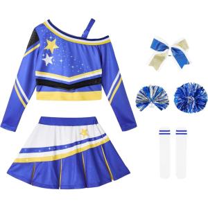 imageLOLANTA Girls ColdShoulder Cheerleader Costume Sparkle Mesh Patchwork Cheer Uniform Halloween Party Cheerleading OutfitBlue