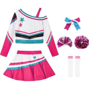 imageLOLANTA Girls ColdShoulder Cheerleader Costume Sparkle Mesh Patchwork Cheer Uniform Halloween Party Cheerleading OutfitPink