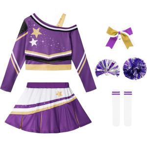 imageLOLANTA Girls ColdShoulder Cheerleader Costume Sparkle Mesh Patchwork Cheer Uniform Halloween Party Cheerleading OutfitPurple